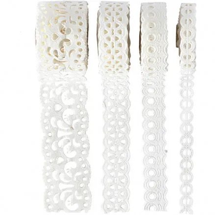 Paper lace, white, W: 8-23 mm, 2 m/ 4 pcs.