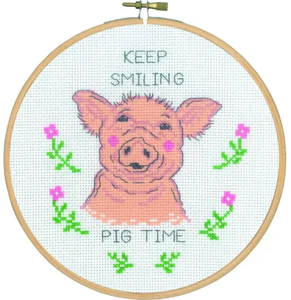 Permin Embroidery Kit Keep smiling pig time Ø18