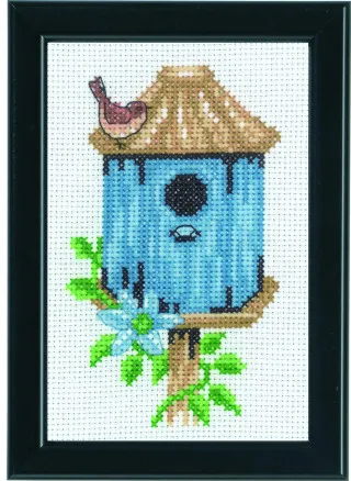 Permin Embroidery Kit Birdhouses Blue 9x14cm